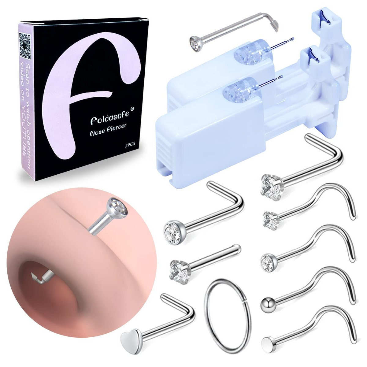 Firstomato 2 PCS Disposable Nose Piercing Gun Self Nose Piercing Kit - Hypoallergenic Surgical Steel Nose Studs - görsel 1