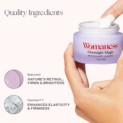 Womaness Overnight Magic Night & Day Face Cream for Women - Anti-Aging Cream with Hyaluronic Acid & Bakuchiol - Hydrating Facial Creams for Day or Night Use – Products for Radiant Aging Skin – 1.7oz Avelisse