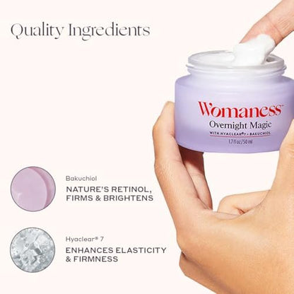 Womaness Overnight Magic Night & Day Face Cream for Women - Anti-Aging Cream with Hyaluronic Acid & Bakuchiol - Hydrating Facial Creams for Day or Night Use – Products for Radiant Aging Skin – 1.7oz Avelisse