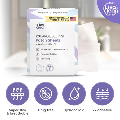 LivaClean 20CT Large Hydrocolloid Acne Patches - XL Pimple Patches for Nose, Face, Cystic Zits - Big Pore Strips & Bandages