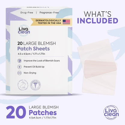 LivaClean 20CT Large Hydrocolloid Acne Patches - XL Pimple Patches for Nose, Face, Cystic Zits - Big Pore Strips & Bandages