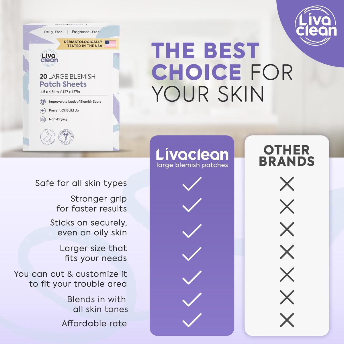 LivaClean 20CT Large Hydrocolloid Acne Patches - XL Pimple Patches for Nose, Face, Cystic Zits - Big Pore Strips & Bandages - görsel 11