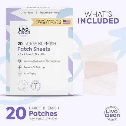 LivaClean 20CT Large Hydrocolloid Acne Patches - XL Pimple Patches for Nose, Face, Cystic Zits - Big Pore Strips & Bandages
