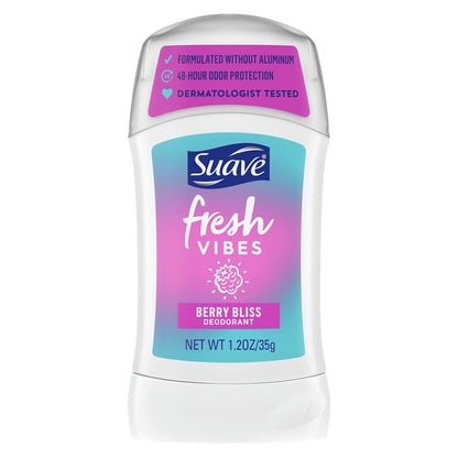 Suave Fresh Vibes Aluminum Free Deodorant Stick, Berry Bliss, 48 Hour Odor Protection, Dermatologist Tested, 1.2 oz