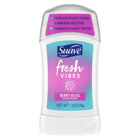 Suave Fresh Vibes Aluminum Free Deodorant Stick, Berry Bliss, 48 Hour Odor Protection, Dermatologist Tested, 1.2 oz