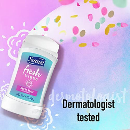 Suave Fresh Vibes Aluminum Free Deodorant Stick, Berry Bliss, 48 Hour Odor Protection, Dermatologist Tested, 1.2 oz