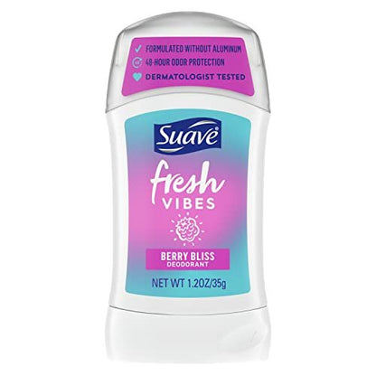Suave Fresh Vibes Aluminum Free Deodorant Stick, Berry Bliss, 48 Hour Odor Protection, Dermatologist Tested, 1.2 oz