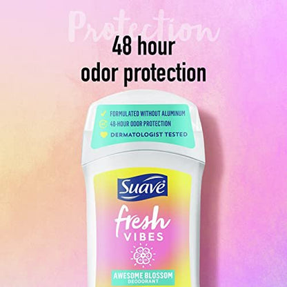 Suave Fresh Vibes Deodorant Stick, Awesome Blossom Scent, Aluminum Free, 48 Hour Odor Protection, 1.2 oz