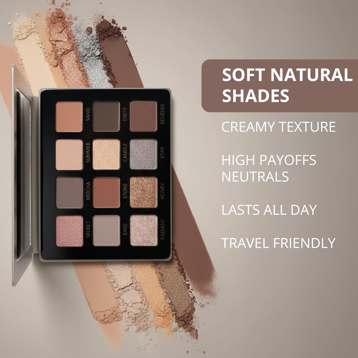 Lamora Attraction Eyeshadow Palette - 12 Soft Brown Neutral Shadows, Matte & Shimmer, Long-Lasting Travel Makeup with Mirror Avelisse