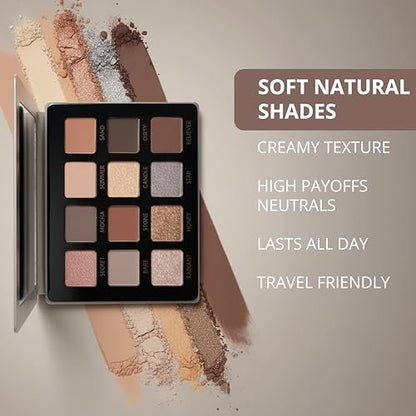 Lamora Attraction Eyeshadow Palette - 12 Soft Brown Neutral Shadows, Matte & Shimmer, Long-Lasting Travel Makeup with Mirror Avelisse