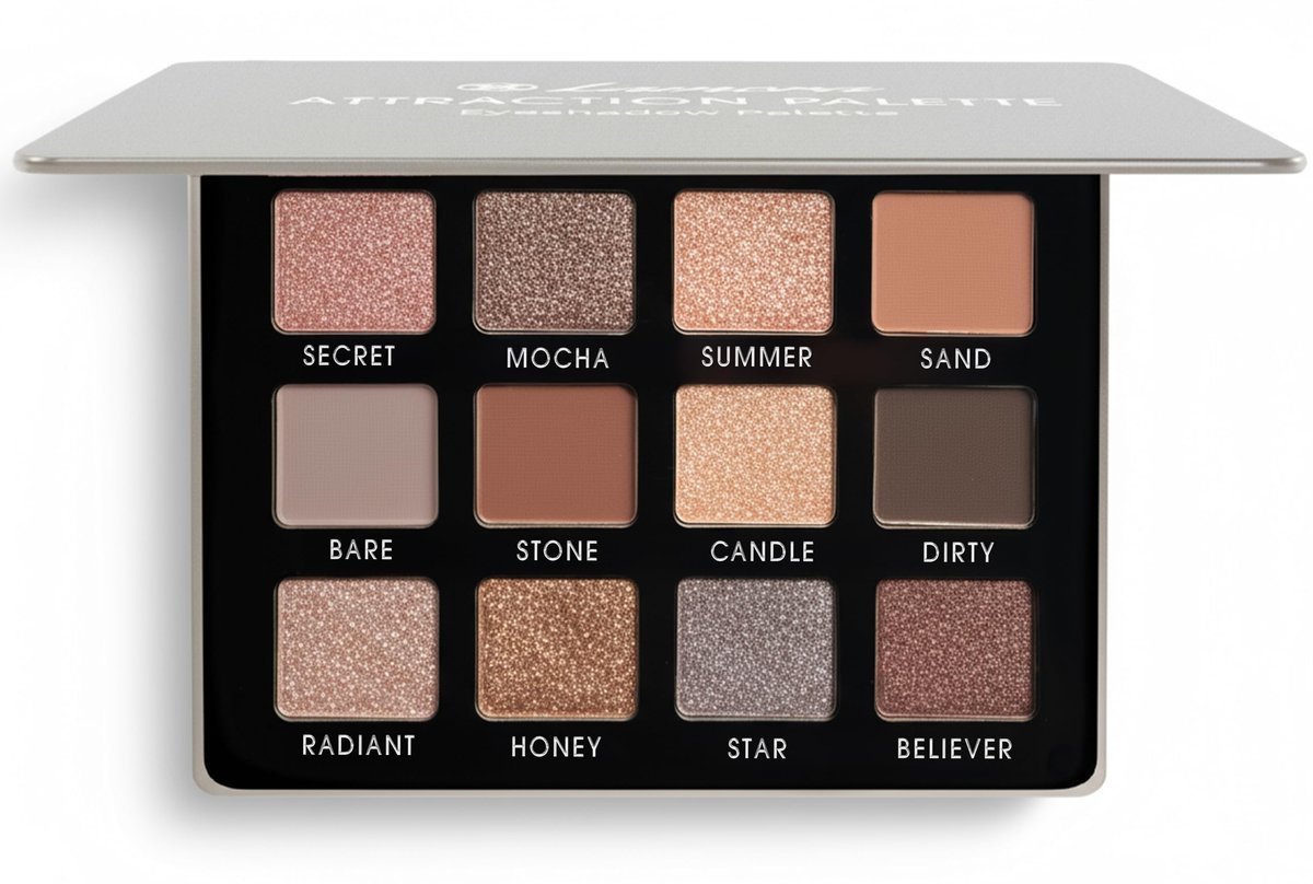 Lamora Attraction Eyeshadow Palette - 12 Soft Brown Neutral Shadows, Matte & Shimmer, Long-Lasting Travel Makeup with Mirror Avelisse