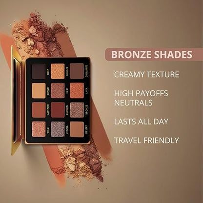 Lamora Bronze Eyeshadow Palette - 12 Soft Warm Brown Shadows, Matte & Shimmer Finishes, Ultra-Blendable Everyday Neutrals, Long-Lasting Travel Makeup with Mirror Avelisse