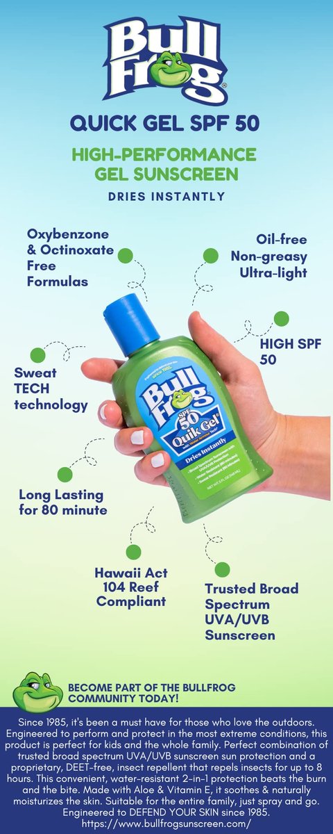 Bullfrog Quik Gel Sunscreen SPF 50 – Oxybenzone & Octinoxate Free, Broad Spectrum UVA/UVB, 5 oz - görsel 9