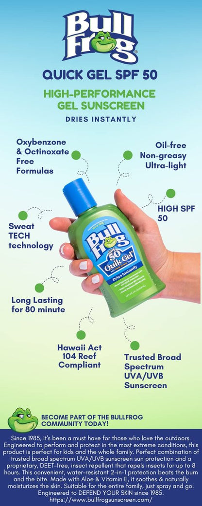 Bullfrog Quik Gel Sunscreen SPF 50 – Oxybenzone & Octinoxate Free, Broad Spectrum UVA/UVB, 5 oz