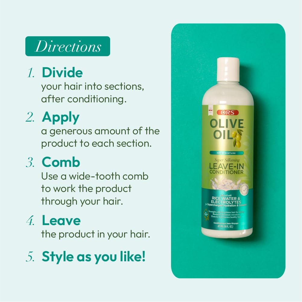 ORS Olive Oil Max Moisture Leave-In Conditioner with Rice Water and Electrolytes - Supercharged Hair Hydration, 16 oz Avelisse