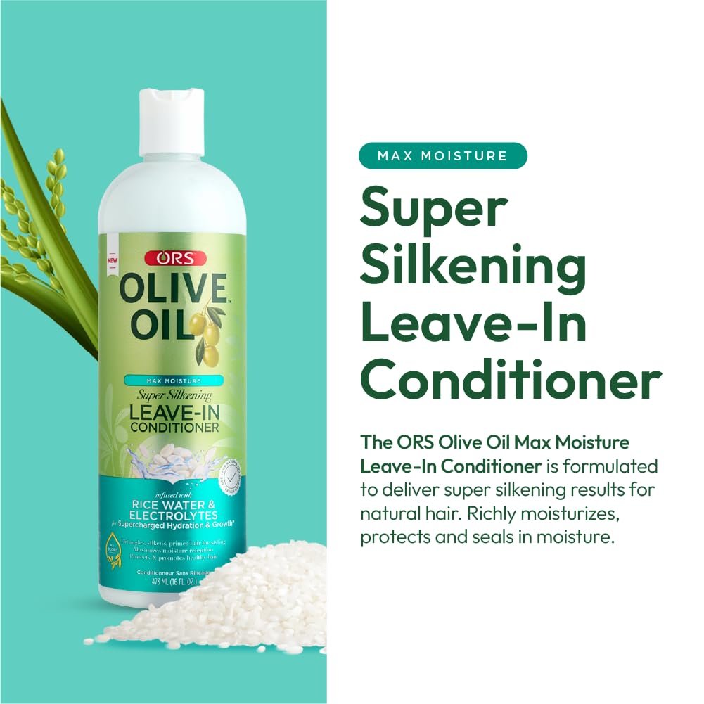 ORS Olive Oil Max Moisture Leave-In Conditioner with Rice Water and Electrolytes - Supercharged Hair Hydration, 16 oz Avelisse
