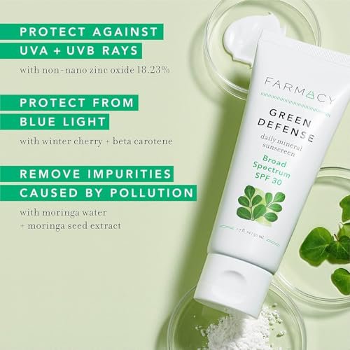 Farmacy Mineral Face Sunscreen SPF 30 - Broad Spectrum Zinc Oxide Sunscreen for Face - Daily Defense Sheer Mineral SPF for Sensitive Skin - Absorbs Quickly + Leaves No White Cast (50ml) Avelisse