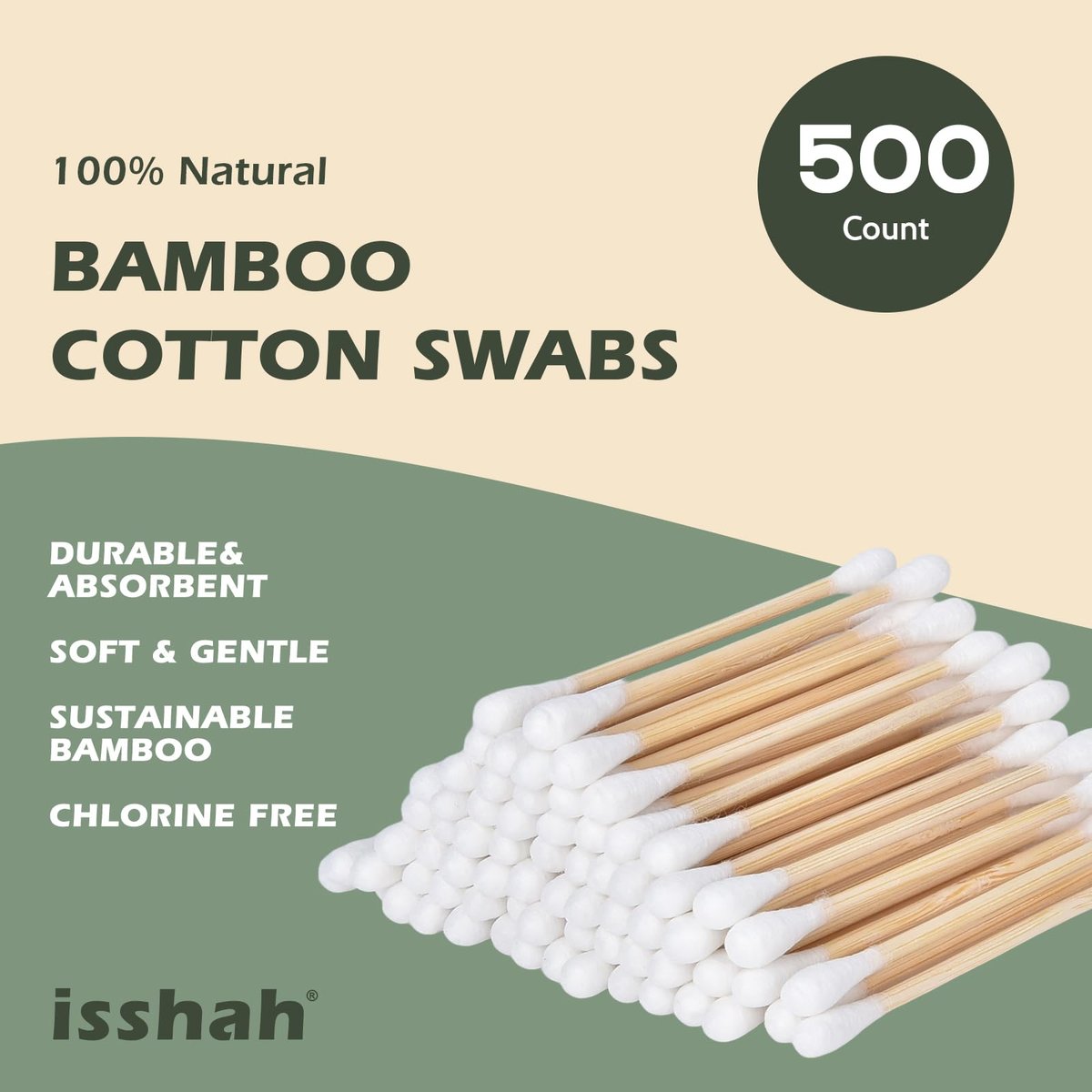 Isshah Bamboo Cotton Swabs – 500 Count, FSC Certified, PETA Approved, Eco-Friendly & Biodegradable Ear Sticks - görsel 3