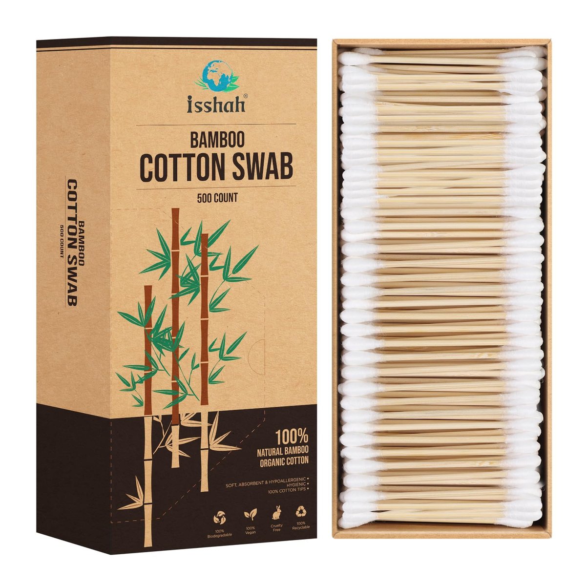 Isshah Bamboo Cotton Swabs – 500 Count, FSC Certified, PETA Approved, Eco-Friendly & Biodegradable Ear Sticks - görsel 1