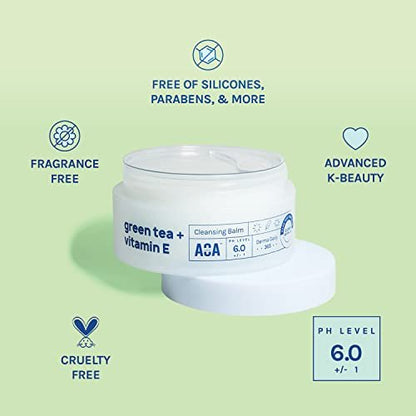 AOA STUDIO Green Tea & Vitamin E Cleansing Balm - Waterproof Makeup Remover, Oil Based, K-Beauty Skincare, Soothing & Brightening, 3.38 Fl Oz
