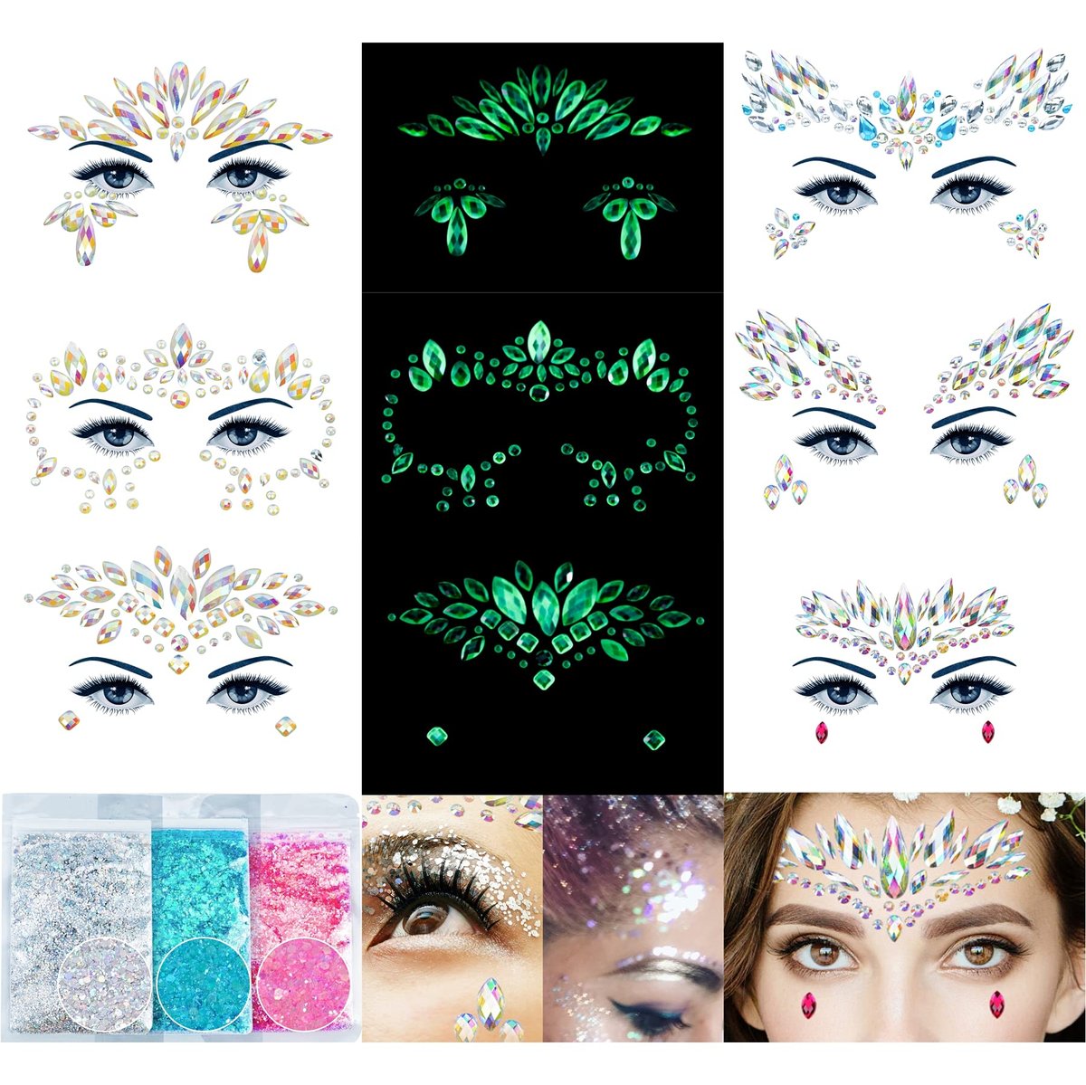 Face Gems 6 Sheets Stick On Rhinestones Stickers - 30g Chunky Glitter Gemstones Temporary Tattoo for Women Festival Rave Outfit Euphoria Accessories (3 Luminous) Avelisse
