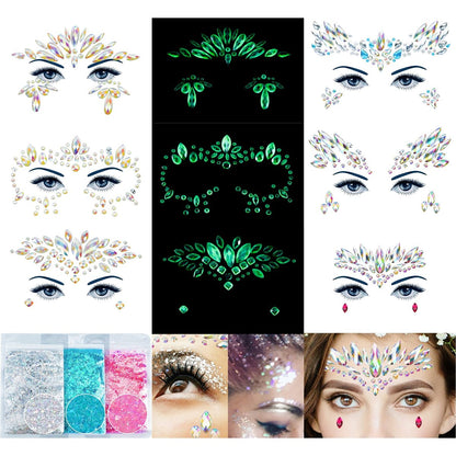 Face Gems 6 Sheets Stick On Rhinestones Stickers - 30g Chunky Glitter Gemstones Temporary Tattoo for Women Festival Rave Outfit Euphoria Accessories (3 Luminous) Avelisse