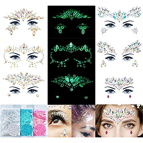 Face Gems 6 Sheets Stick On Rhinestones Stickers - 30g Chunky Glitter Gemstones Temporary Tattoo for Women Festival Rave Outfit Euphoria Accessories (3 Luminous) Avelisse