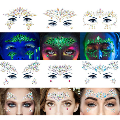 Face Gems 6 Sheets Stick On Rhinestones Stickers - 30g Chunky Glitter Gemstones Temporary Tattoo for Women Festival Rave Outfit Euphoria Accessories (3 Luminous) Avelisse