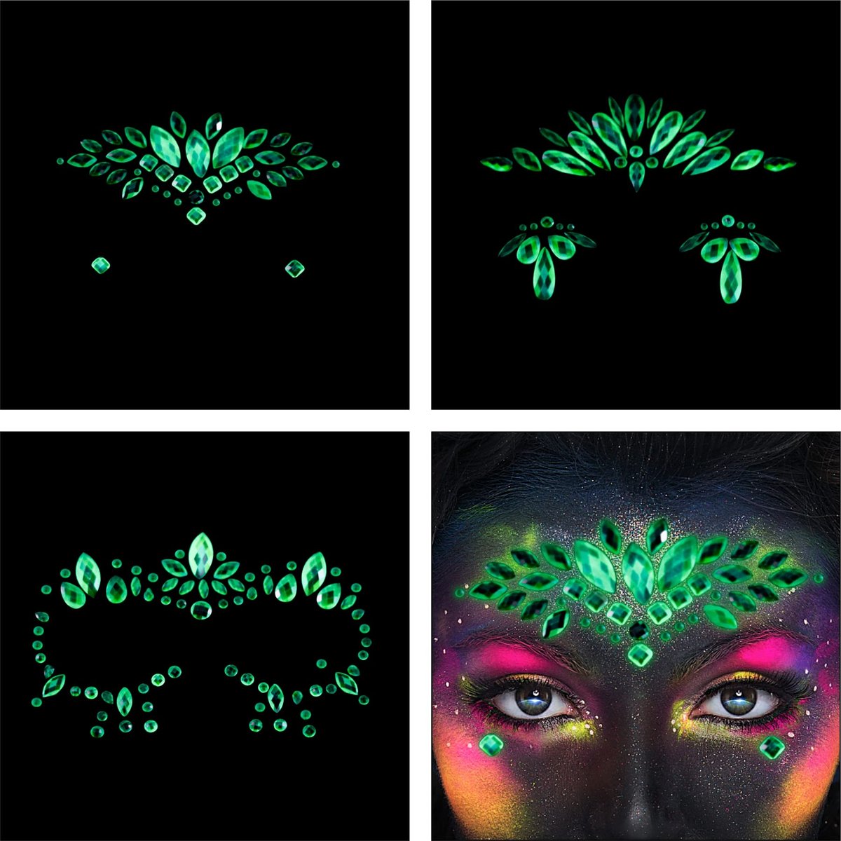 Face Gems 6 Sheets Stick On Rhinestones Stickers - 30g Chunky Glitter Gemstones Temporary Tattoo for Women Festival Rave Outfit Euphoria Accessories (3 Luminous) Avelisse