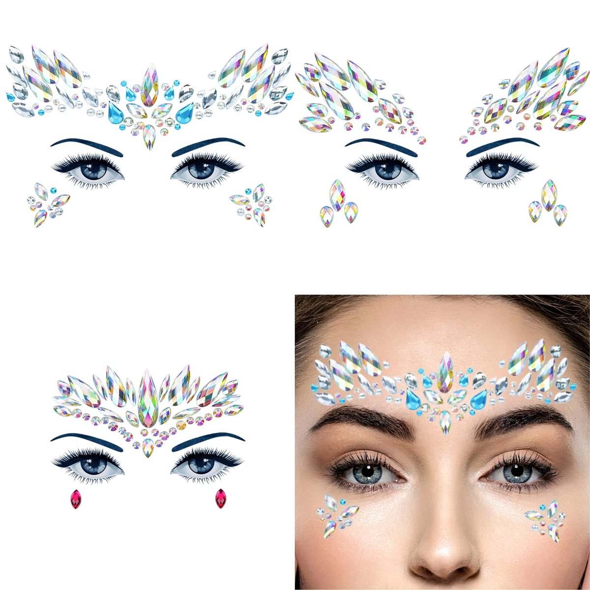 Face Gems 6 Sheets Stick On Rhinestones Stickers - 30g Chunky Glitter Gemstones Temporary Tattoo for Women Festival Rave Outfit Euphoria Accessories (3 Luminous) Avelisse