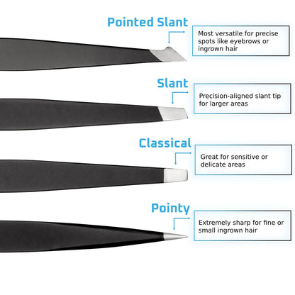 Rikans Precision Tweezers Set – Pack of 4 Black Professional Stainless Steel Tweezers with Handy Carry Pouch for Splinters, Eyebrows, Facial & Ingrown Hair