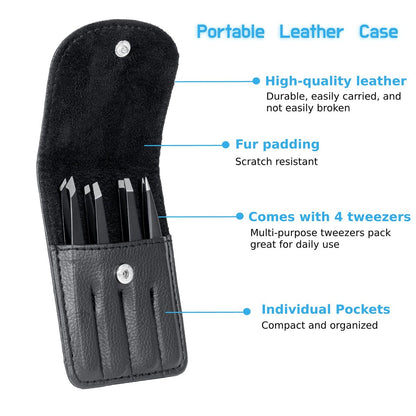 Rikans Precision Tweezers Set – Pack of 4 Black Professional Stainless Steel Tweezers with Handy Carry Pouch for Splinters, Eyebrows, Facial & Ingrown Hair