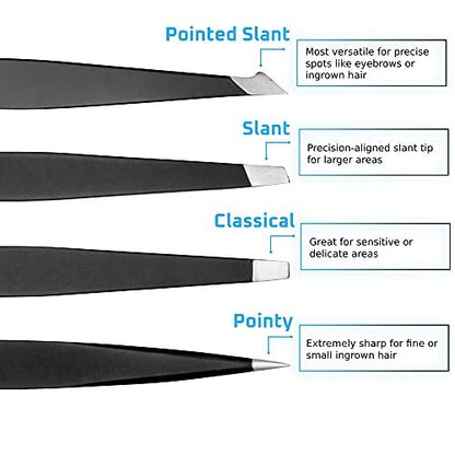 Rikans Precision Tweezers Set – Pack of 4 Black Professional Stainless Steel Tweezers with Handy Carry Pouch for Splinters, Eyebrows, Facial & Ingrown Hair