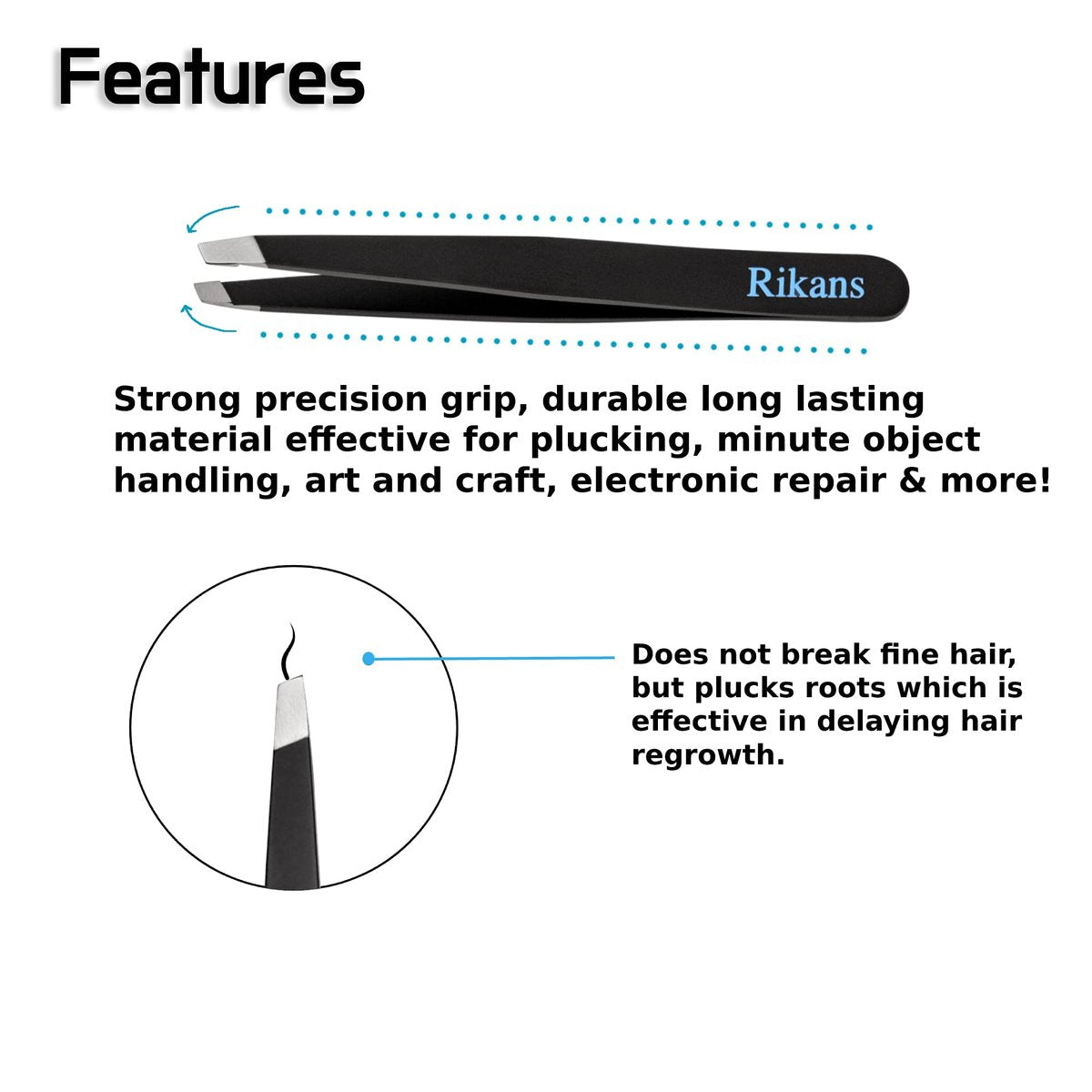 Rikans Precision Tweezers Set – Pack of 4 Black Professional Stainless Steel Tweezers with Handy Carry Pouch for Splinters, Eyebrows, Facial & Ingrown Hair - görsel 10