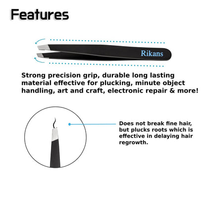 Rikans Precision Tweezers Set – Pack of 4 Black Professional Stainless Steel Tweezers with Handy Carry Pouch for Splinters, Eyebrows, Facial & Ingrown Hair