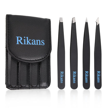 Rikans Precision Tweezers Set – Pack of 4 Black Professional Stainless Steel Tweezers with Handy Carry Pouch for Splinters, Eyebrows, Facial & Ingrown Hair