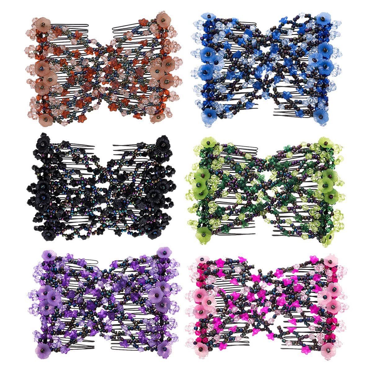 FXBLING 6-Pack Magic Easy Combs for Women - Elastic Beaded Double Hair Clips, Hair Bun Maker Accessories (Blue, Green, Grey, Rose, Coffee, Purple) - görsel 1