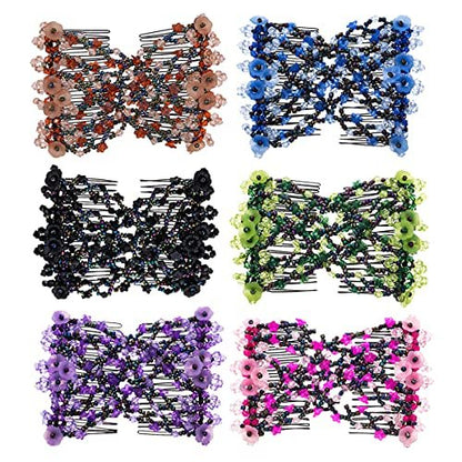 FXBLING 6-Pack Magic Easy Combs for Women - Elastic Beaded Double Hair Clips, Hair Bun Maker Accessories (Blue, Green, Grey, Rose, Coffee, Purple)