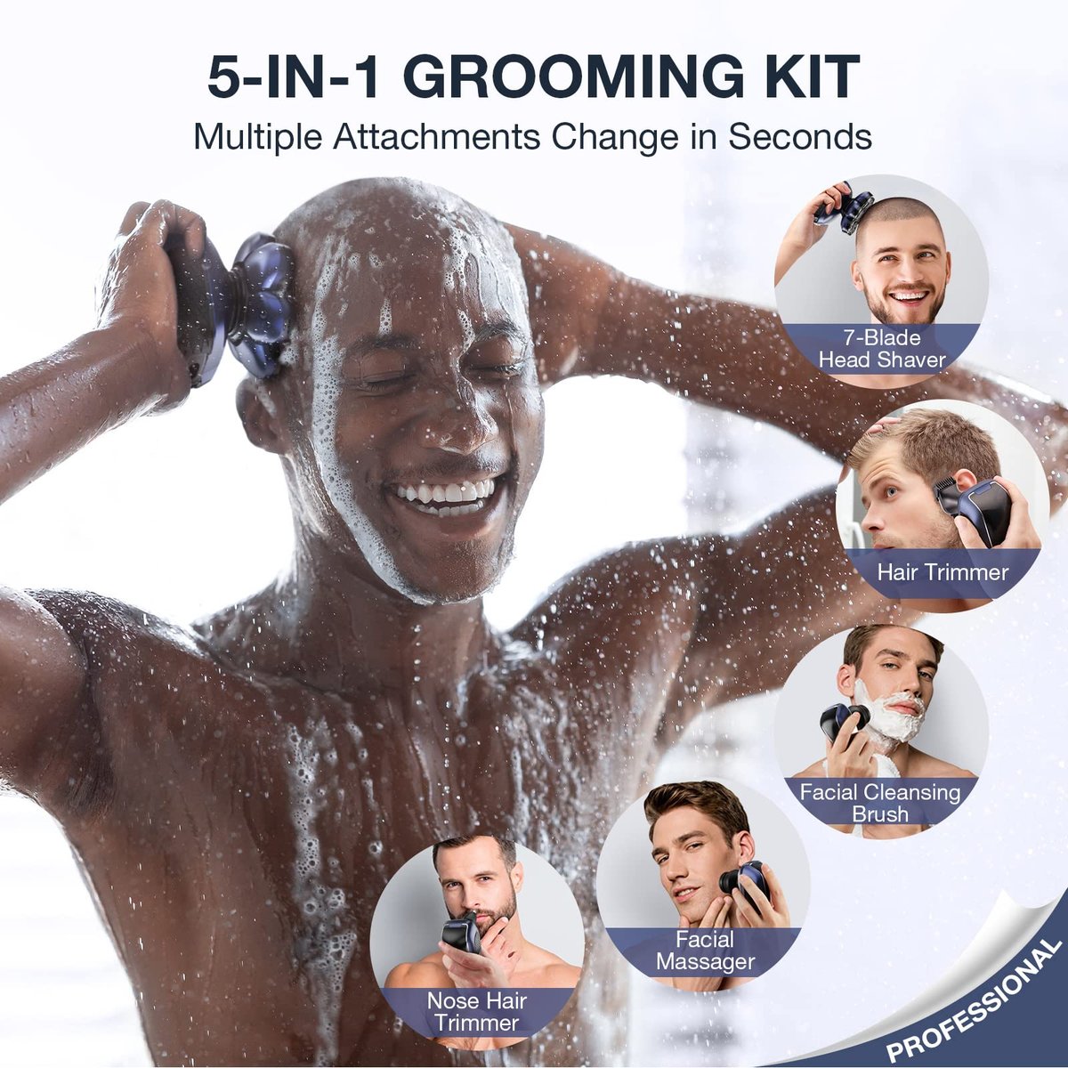 Wyklaus Head Shaver for Bald Men – Upgrade Electric Razor with Nose Hair Trimmer, IPX6 Waterproof Wet/Dry Grooming Kit, Anti-Pinch, LED Display, USB Rechargeable (9 Piece Set, Blue) Avelisse