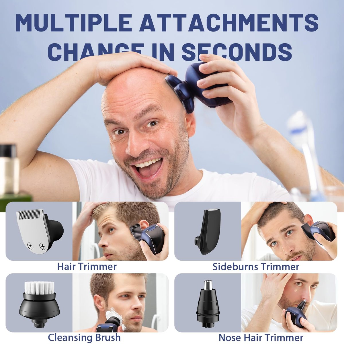 Wyklaus Head Shaver for Bald Men – Upgrade Electric Razor with Nose Hair Trimmer, IPX6 Waterproof Wet/Dry Grooming Kit, Anti-Pinch, LED Display, USB Rechargeable (9 Piece Set, Blue) Avelisse
