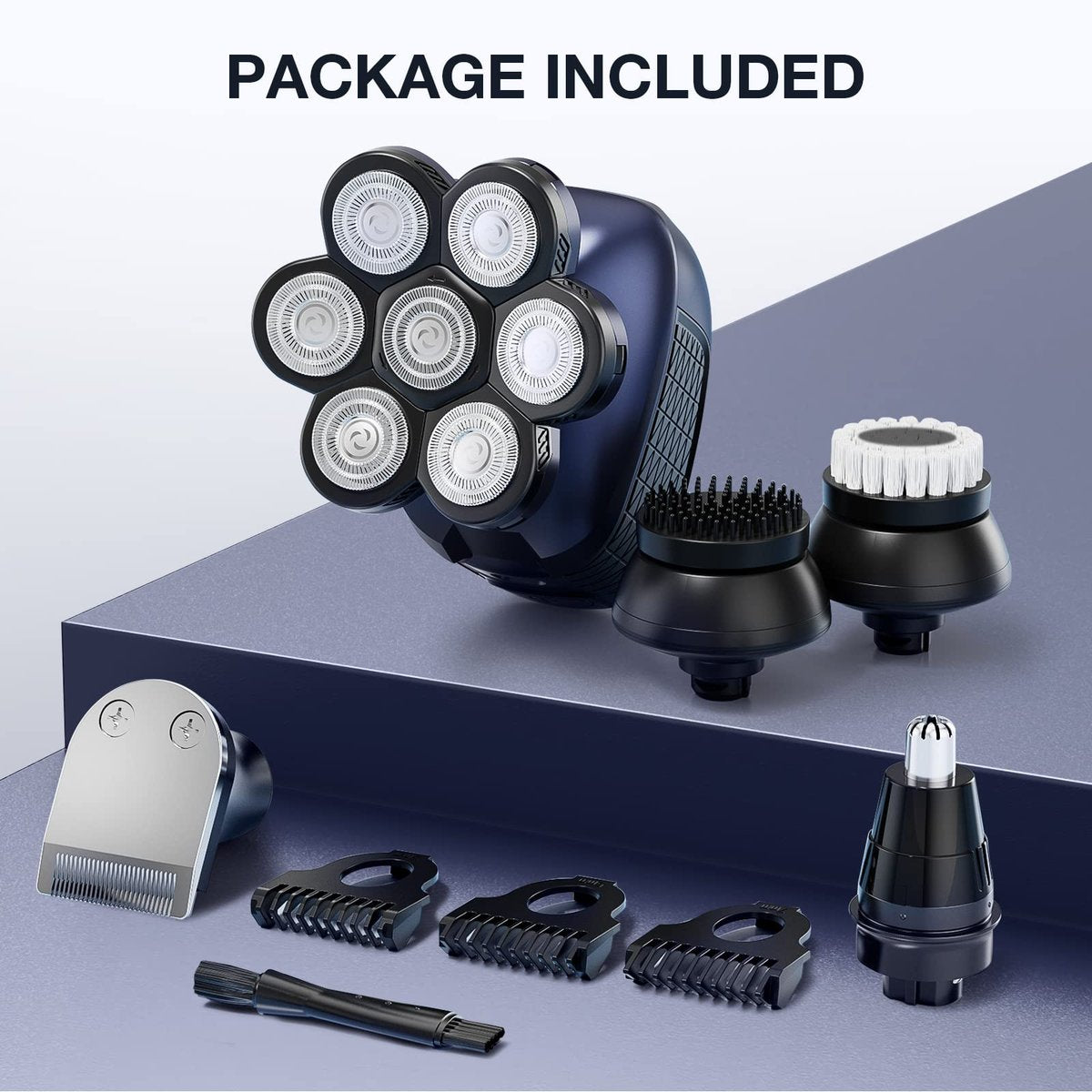 Wyklaus Head Shaver for Bald Men – Upgrade Electric Razor with Nose Hair Trimmer, IPX6 Waterproof Wet/Dry Grooming Kit, Anti-Pinch, LED Display, USB Rechargeable (9 Piece Set, Blue) Avelisse