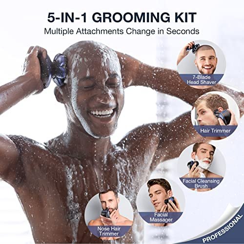 Wyklaus Head Shaver for Bald Men – Upgrade Electric Razor with Nose Hair Trimmer, IPX6 Waterproof Wet/Dry Grooming Kit, Anti-Pinch, LED Display, USB Rechargeable (9 Piece Set, Blue) Avelisse