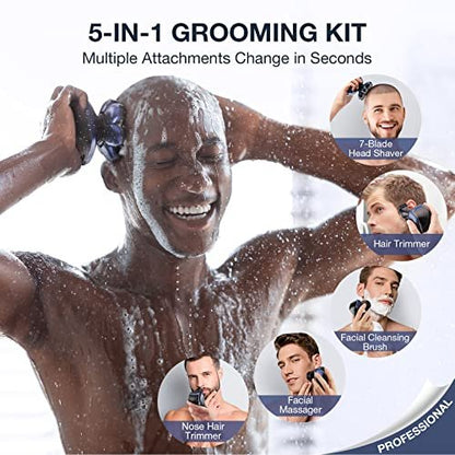 Wyklaus Head Shaver for Bald Men – Upgrade Electric Razor with Nose Hair Trimmer, IPX6 Waterproof Wet/Dry Grooming Kit, Anti-Pinch, LED Display, USB Rechargeable (9 Piece Set, Blue) Avelisse