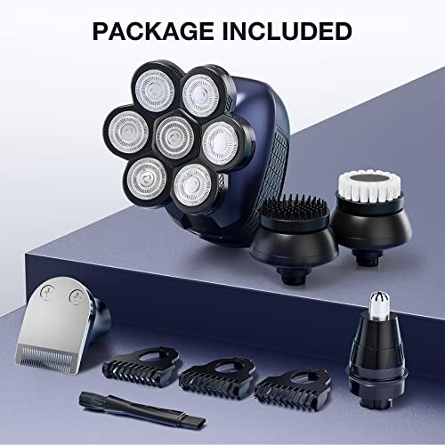 Wyklaus Head Shaver for Bald Men – Upgrade Electric Razor with Nose Hair Trimmer, IPX6 Waterproof Wet/Dry Grooming Kit, Anti-Pinch, LED Display, USB Rechargeable (9 Piece Set, Blue) Avelisse
