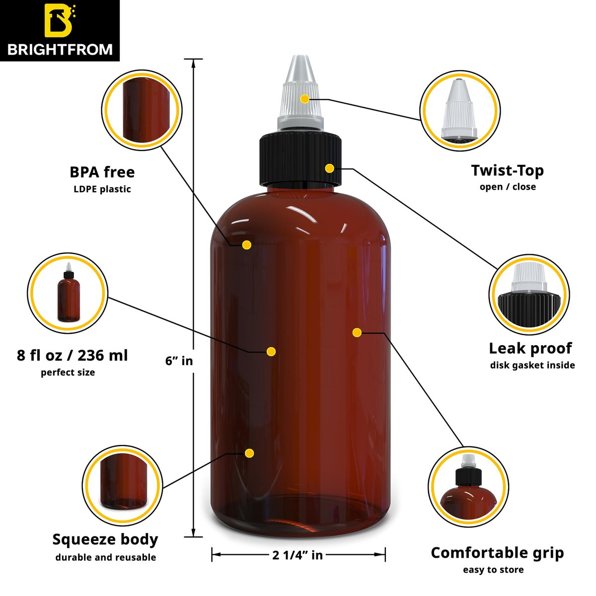 BRIGHTFROM Twist Top Applicator Bottles 8 OZ Amber - BPA-Free PET Squeeze Bottles with Open/Close Nozzle, Refillable, Multi Purpose (Pack of 2) - görsel 5