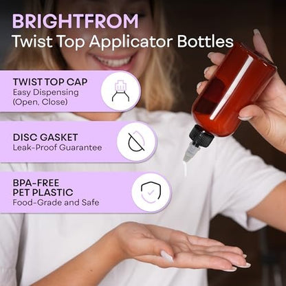 BRIGHTFROM Twist Top Applicator Bottles 8 OZ Amber - BPA-Free PET Squeeze Bottles with Open/Close Nozzle, Refillable, Multi Purpose (Pack of 2)