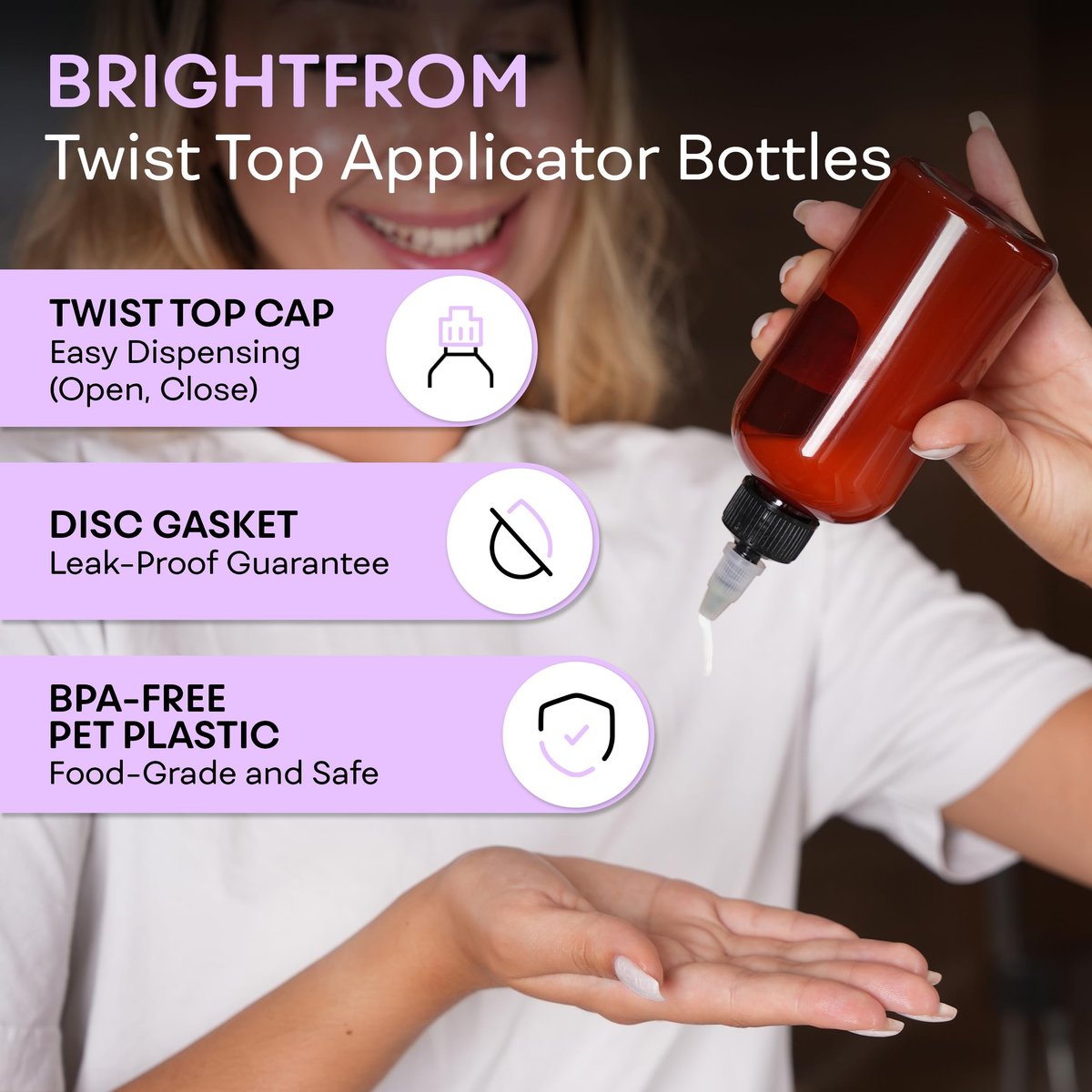 BRIGHTFROM Twist Top Applicator Bottles 8 OZ Amber - BPA-Free PET Squeeze Bottles with Open/Close Nozzle, Refillable, Multi Purpose (Pack of 2) - görsel 3