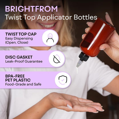 BRIGHTFROM Twist Top Applicator Bottles 8 OZ Amber - BPA-Free PET Squeeze Bottles with Open/Close Nozzle, Refillable, Multi Purpose (Pack of 2)