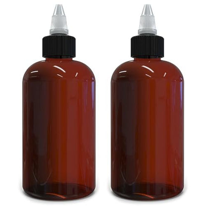 BRIGHTFROM Twist Top Applicator Bottles 8 OZ Amber - BPA-Free PET Squeeze Bottles with Open/Close Nozzle, Refillable, Multi Purpose (Pack of 2)