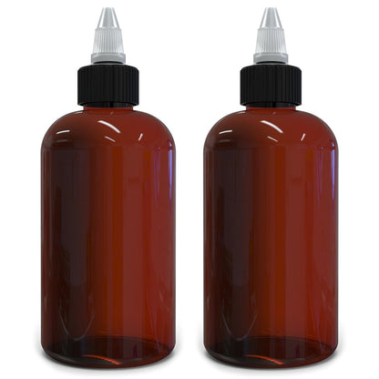 BRIGHTFROM Twist Top Applicator Bottles 8 OZ Amber - BPA-Free PET Squeeze Bottles with Open/Close Nozzle, Refillable, Multi Purpose (Pack of 2)